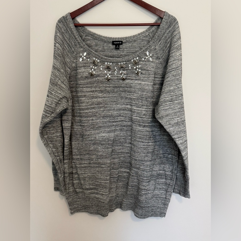 Torrid Womens 3X Gray Marled Sweater Embellished Neckline Cotton Blend Top